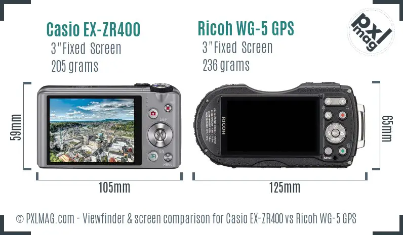 Casio EX-ZR400 vs Ricoh WG-5 GPS Screen and Viewfinder comparison