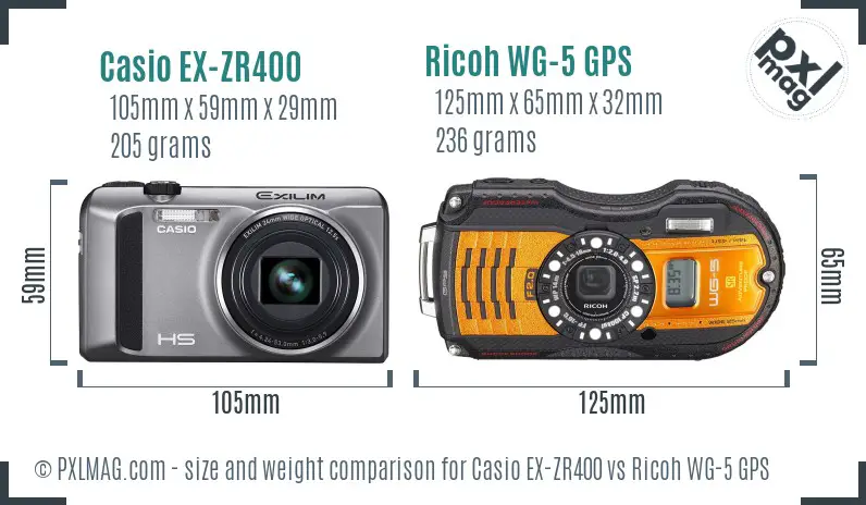 Casio EX-ZR400 vs Ricoh WG-5 GPS size comparison