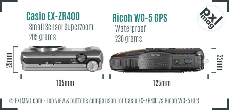 Casio EX-ZR400 vs Ricoh WG-5 GPS top view buttons comparison