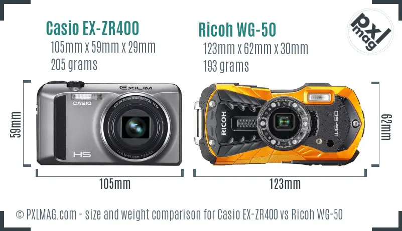 Casio EX-ZR400 vs Ricoh WG-50 size comparison