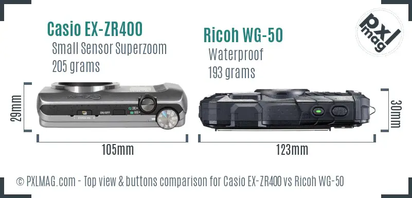 Casio EX-ZR400 vs Ricoh WG-50 top view buttons comparison