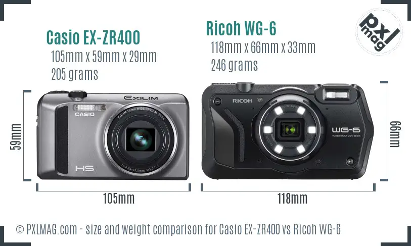 Casio EX-ZR400 vs Ricoh WG-6 size comparison