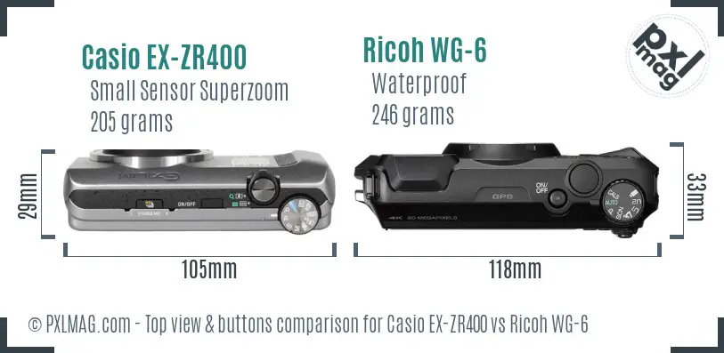Casio EX-ZR400 vs Ricoh WG-6 top view buttons comparison