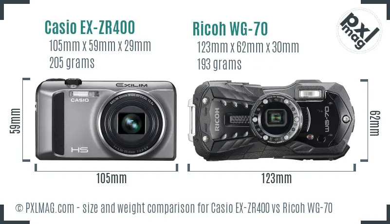Casio EX-ZR400 vs Ricoh WG-70 size comparison