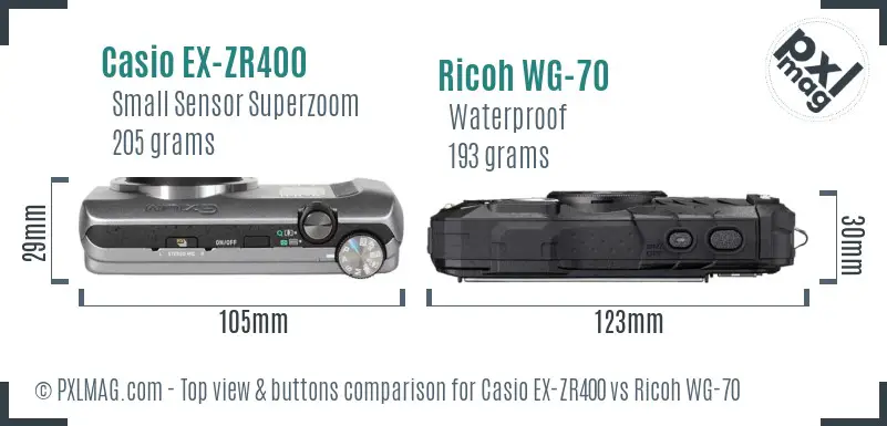 Casio EX-ZR400 vs Ricoh WG-70 top view buttons comparison