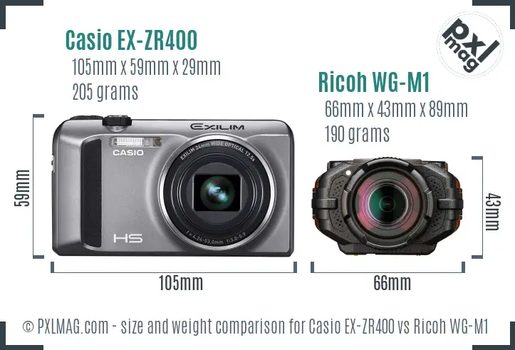 Casio EX-ZR400 vs Ricoh WG-M1 size comparison