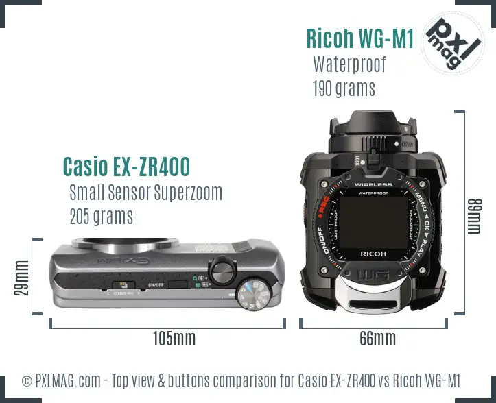 Casio EX-ZR400 vs Ricoh WG-M1 top view buttons comparison