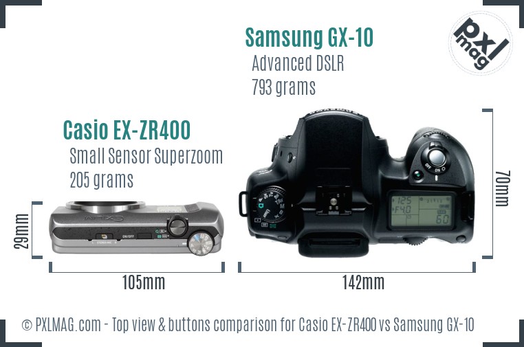 Casio EX-ZR400 vs Samsung GX-10 top view buttons comparison
