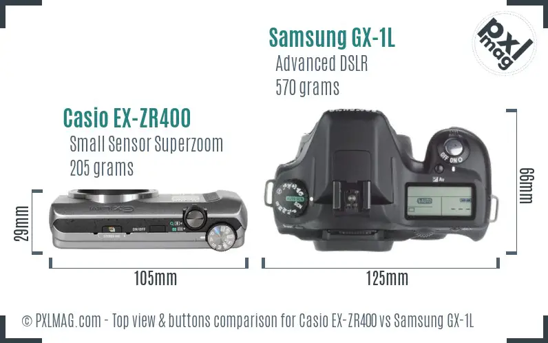 Casio EX-ZR400 vs Samsung GX-1L top view buttons comparison