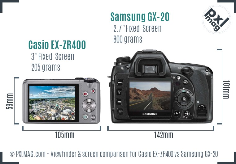 Casio EX-ZR400 vs Samsung GX-20 Screen and Viewfinder comparison