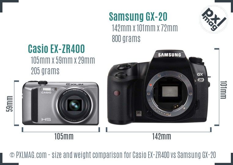 Casio EX-ZR400 vs Samsung GX-20 size comparison