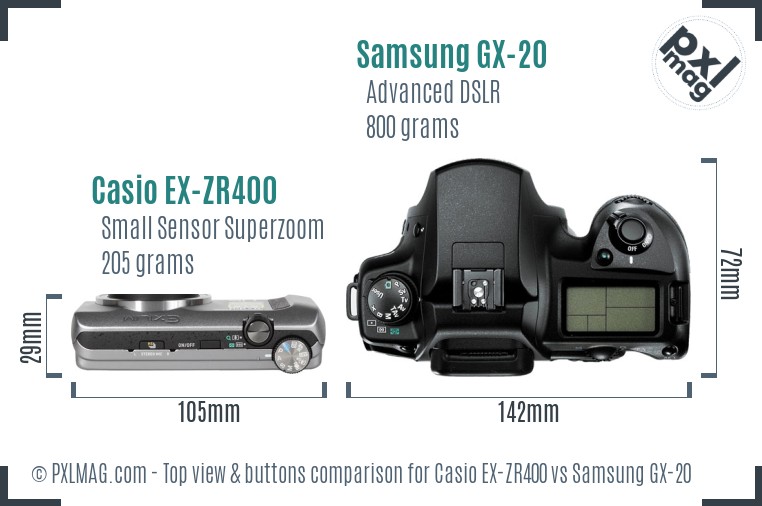 Casio EX-ZR400 vs Samsung GX-20 top view buttons comparison