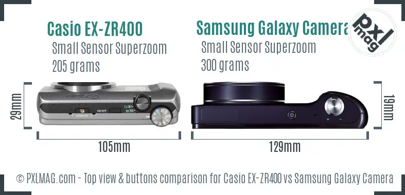 Casio EX-ZR400 vs Samsung Galaxy Camera top view buttons comparison Casio EX-ZR400 vs Samsung Galaxy Camera top view buttons comparison