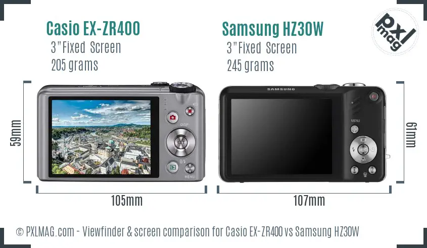 Casio EX-ZR400 vs Samsung HZ30W Screen and Viewfinder comparison