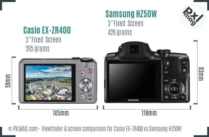 Casio EX-ZR400 vs Samsung HZ50W Screen and Viewfinder comparison