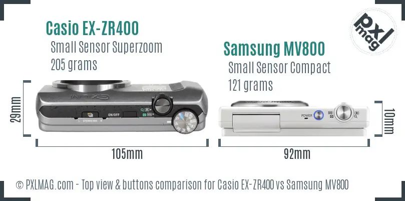 Casio EX-ZR400 vs Samsung MV800 top view buttons comparison Casio EX-ZR400 vs Samsung MV800 top view buttons comparison