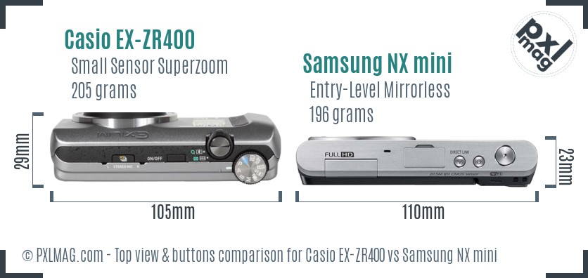 Casio EX-ZR400 vs Samsung NX mini top view buttons comparison