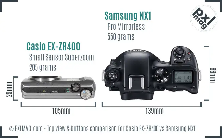 Casio EX-ZR400 vs Samsung NX1 top view buttons comparison Casio EX-ZR400 vs Samsung NX1 top view buttons comparison