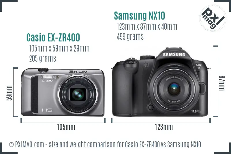 Casio EX-ZR400 vs Samsung NX10 size comparison