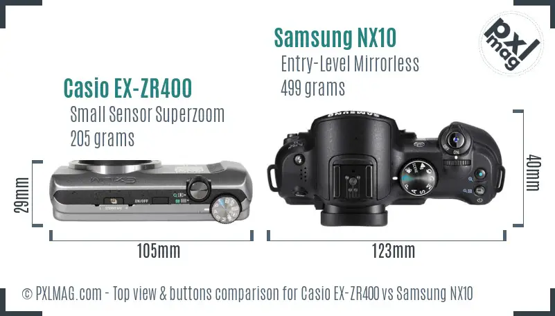 Casio EX-ZR400 vs Samsung NX10 top view buttons comparison