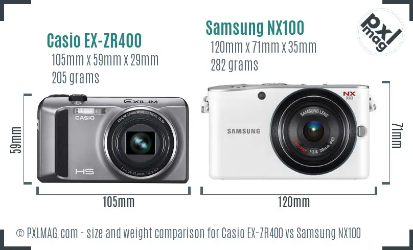 Casio EX-ZR400 vs Samsung NX100 size comparison Casio EX-ZR400 vs Samsung NX100 size comparison