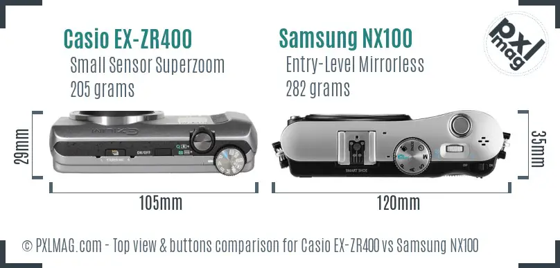 Casio EX-ZR400 vs Samsung NX100 top view buttons comparison