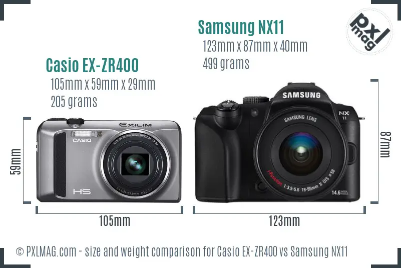 Casio EX-ZR400 vs Samsung NX11 size comparison