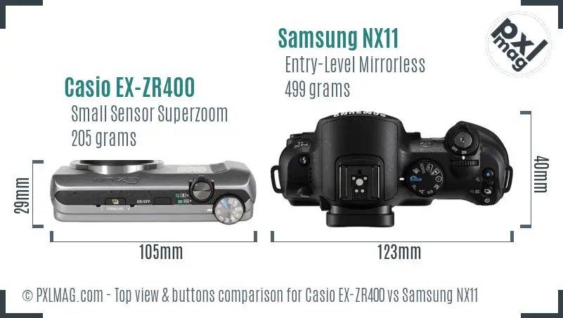 Casio EX-ZR400 vs Samsung NX11 top view buttons comparison