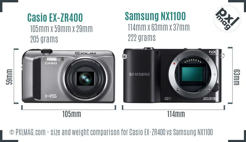 Casio EX-ZR400 vs Samsung NX1100 size comparison Casio EX-ZR400 vs Samsung NX1100 size comparison