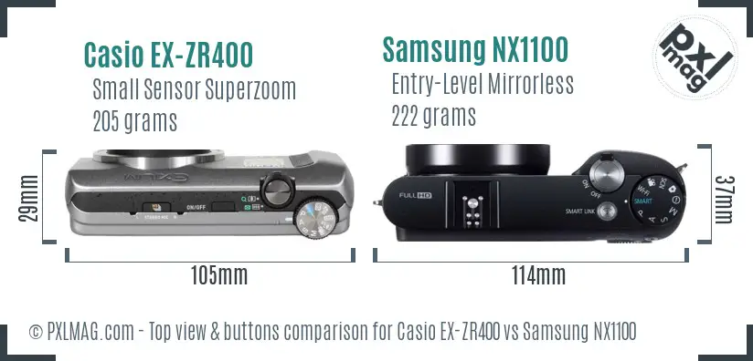 Casio EX-ZR400 vs Samsung NX1100 top view buttons comparison Casio EX-ZR400 vs Samsung NX1100 top view buttons comparison