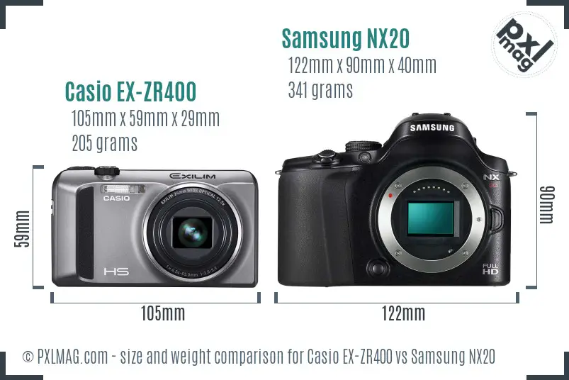 Casio EX-ZR400 vs Samsung NX20 size comparison Casio EX-ZR400 vs Samsung NX20 size comparison