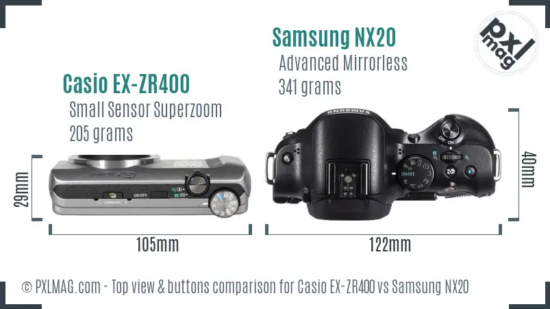 Casio EX-ZR400 vs Samsung NX20 top view buttons comparison Casio EX-ZR400 vs Samsung NX20 top view buttons comparison