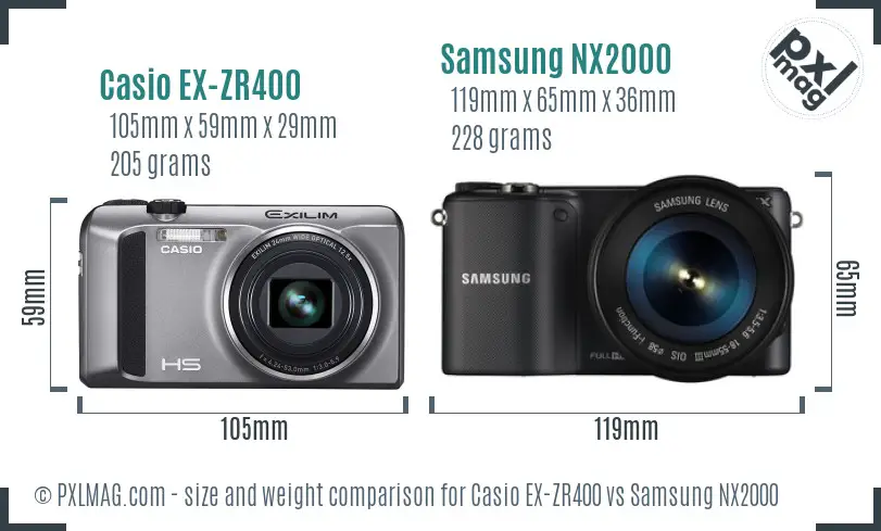 Casio EX-ZR400 vs Samsung NX2000 size comparison