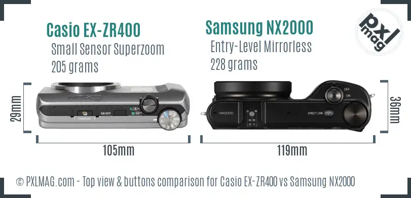Casio EX-ZR400 vs Samsung NX2000 top view buttons comparison