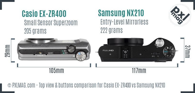 Casio EX-ZR400 vs Samsung NX210 top view buttons comparison