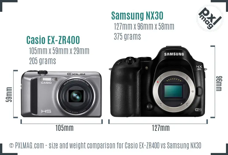 Casio EX-ZR400 vs Samsung NX30 size comparison