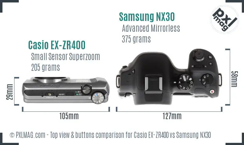 Casio EX-ZR400 vs Samsung NX30 top view buttons comparison