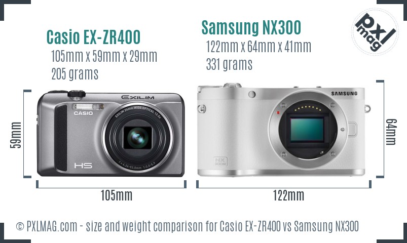 Casio EX-ZR400 vs Samsung NX300 size comparison