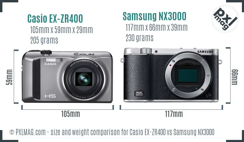 Casio EX-ZR400 vs Samsung NX3000 size comparison Casio EX-ZR400 vs Samsung NX3000 size comparison