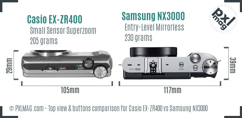 Casio EX-ZR400 vs Samsung NX3000 top view buttons comparison Casio EX-ZR400 vs Samsung NX3000 top view buttons comparison
