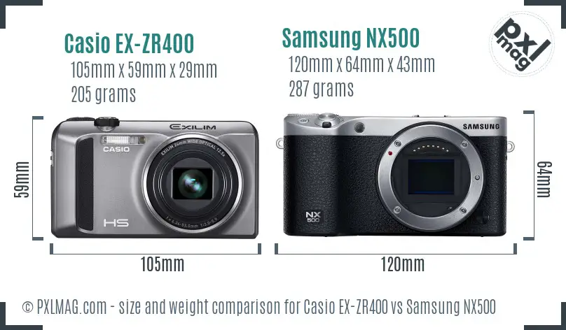 Casio EX-ZR400 vs Samsung NX500 size comparison