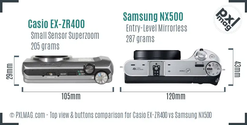 Casio EX-ZR400 vs Samsung NX500 top view buttons comparison