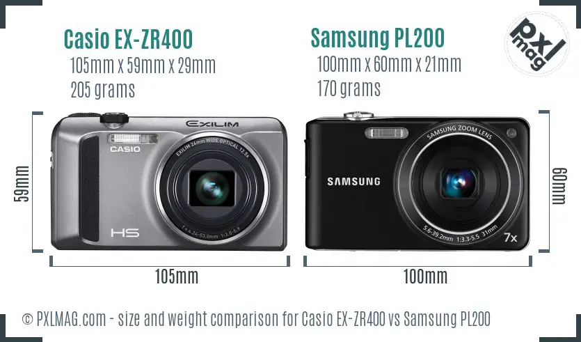 Casio EX-ZR400 vs Samsung PL200 size comparison