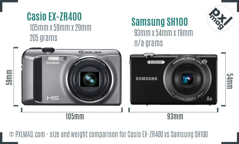 Casio EX-ZR400 vs Samsung SH100 size comparison