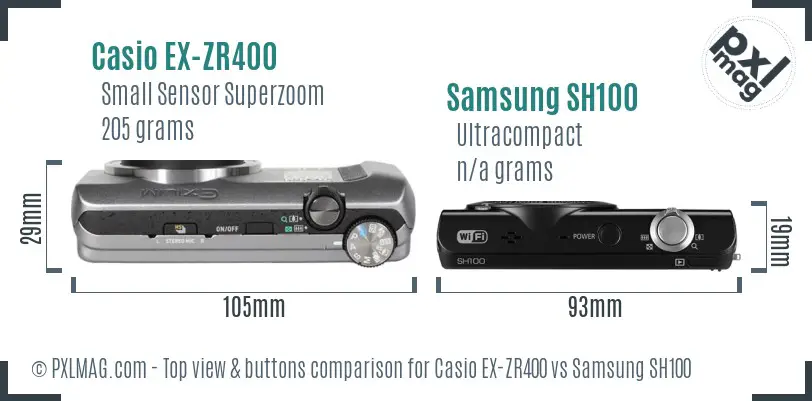 Casio EX-ZR400 vs Samsung SH100 top view buttons comparison