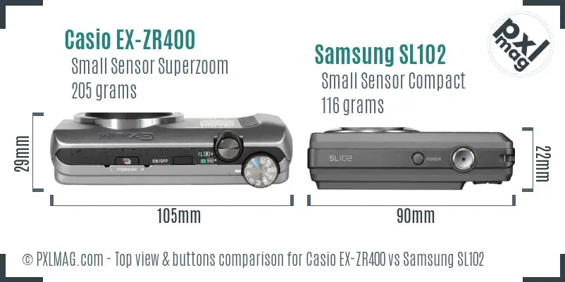 Casio EX-ZR400 vs Samsung SL102 top view buttons comparison