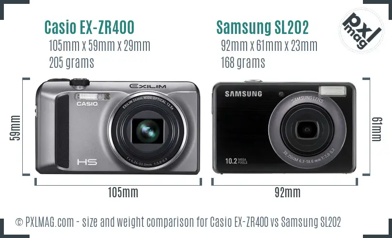 Casio EX-ZR400 vs Samsung SL202 size comparison