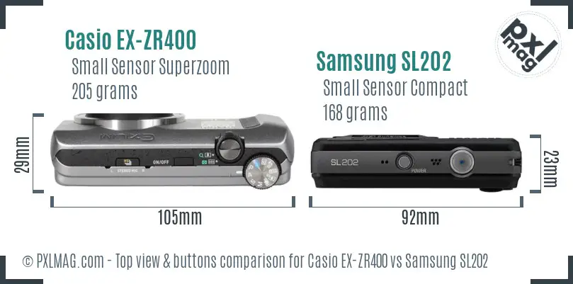 Casio EX-ZR400 vs Samsung SL202 top view buttons comparison