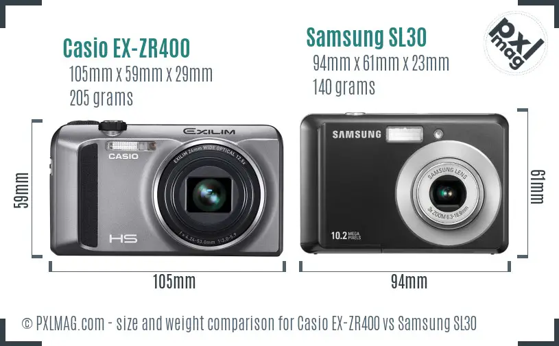 Casio EX-ZR400 vs Samsung SL30 size comparison