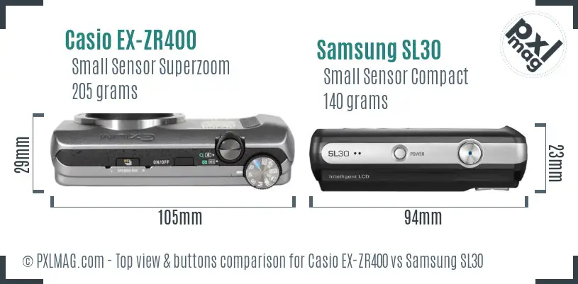 Casio EX-ZR400 vs Samsung SL30 top view buttons comparison